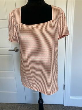 Women's Short Sleeve Square Neck Striped Top - Cream & Dark Orange w/gold strip